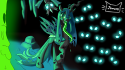 Size: 3840x2160 | Tagged: safe, artist:jomok0, queen chrysalis, changeling, changeling queen, g4, drool, eyes in the dark, female, glowing eyes, high res, long tongue, sharp teeth, simple background, teeth, tongue out