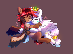 Size: 2162x1610 | Tagged: safe, artist:sugarstar, oc, oc only, oc:ducheved, pegasus, pony, crown, cute, eyes closed, female, heart, hug, jewelry, love, male, mare, regalia, shipping, simple background, smiling, spread wings, stallion, teeth, wings