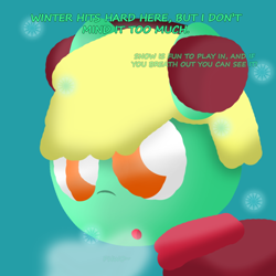 Size: 1000x1000 | Tagged: safe, oc, oc only, oc:goldy, pony, amber eyes, breath, clothes, coat, earmuffs, green fur, implied cold, phew, simple shading, snow, solo, sound effects, winter, yellow mane