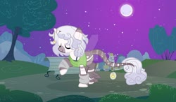 Size: 1280x748 | Tagged: safe, artist:nocturne-sol, oc, oc only, oc:hye-jung, pony, unicorn, base used, bench, deviantart watermark, female, mare, moon, night, obtrusive watermark, solo, tree, watermark, windmill