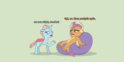 Size: 4739x2376 | Tagged: safe, artist:gd_inuk, ocellus, smolder, changedling, changeling, dragon, g4, beanbag chair, concerned, dialogue, dragoness, female, green background, looking at each other, simple background, sitting, sleep paralysis, story included, tired