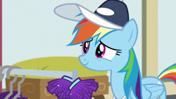 Size: 1920x1080 | Tagged: safe, screencap, rainbow dash, pegasus, pony, 2 4 6 greaaat, g4, cap, cheerleader outfit, clothes, coach rainbow dash, female, hat, mare, smiling, solo
