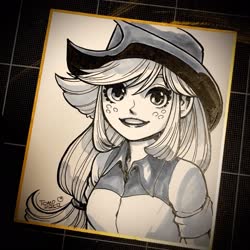 Size: 2048x2048 | Tagged: safe, artist:babtyu, applejack, equestria girls, g4, cowboy hat, female, grayscale, hat, high res, looking at you, marker drawing, monochrome, solo, traditional art