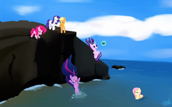 Size: 1920x1201 | Tagged: safe, artist:alicorn-without-horn, applejack, fluttershy, pinkie pie, rarity, starlight glimmer, twilight sparkle, alicorn, crab, earth pony, pegasus, pony, unicorn, g4, the last problem, cliff, exclamation point, gopro, ocean, older, older twilight, older twilight sparkle (alicorn), princess twilight 2.0, twilight sparkle (alicorn)