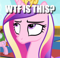 Size: 500x484 | Tagged: safe, edit, edited screencap, screencap, princess cadance, g4, once upon a zeppelin, cadance is not amused, caption, cropped, image macro, meme, question, reaction image, solo focus, text, unamused