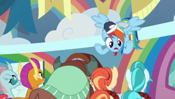 Size: 1920x1080 | Tagged: safe, screencap, lighthoof, ocellus, rainbow dash, shimmy shake, smolder, yona, changedling, changeling, dragon, earth pony, pony, yak, 2 4 6 greaaat, g4, cap, cheerleader, cheerleader outfit, clothes, coach, coach rainbow dash, dragoness, female, flying, folded wings, hat, horns, looking up, monkey swings, open mouth, spread wings, underhoof, whistle, whistle necklace, wings