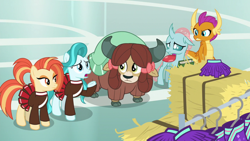 Size: 1920x1080 | Tagged: safe, screencap, lighthoof, ocellus, shimmy shake, smolder, yona, changedling, changeling, dragon, earth pony, pony, yak, 2 4 6 greaaat, g4, bow, cheerleader outfit, clothes, cloven hooves, dragoness, female, hair bow, hay bale, monkey swings