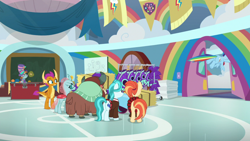 Size: 1920x1080 | Tagged: safe, screencap, lighthoof, ocellus, shimmy shake, smolder, snips, yona, changedling, changeling, dragon, earth pony, pegasus, pony, unicorn, yak, 2 4 6 greaaat, g4, bow, cheerleader outfit, clothes, cloven hooves, colt, dragoness, female, flying, hair bow, hat, hay bale, male, mare, monkey swings, technically an upskirt shot