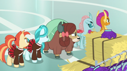 Size: 1920x1080 | Tagged: safe, screencap, lighthoof, ocellus, shimmy shake, smolder, yona, changedling, changeling, dragon, earth pony, pony, yak, 2 4 6 greaaat, g4, bow, cheerleader outfit, clothes, cloven hooves, dragoness, female, hair bow, hay bale, monkey swings