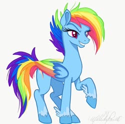 Size: 1080x1077 | Tagged: safe, artist:unicorn.assassin, rainbow dash, pegasus, pony, g4, badass, colored wings, cool, female, g5 concept leak style, g5 concept leaks, hooves, mare, multicolored wings, rainbow dash (g5 concept leak), rainbow wings, raised hoof, redesign, simple background, smiling, smirk, solo, wings