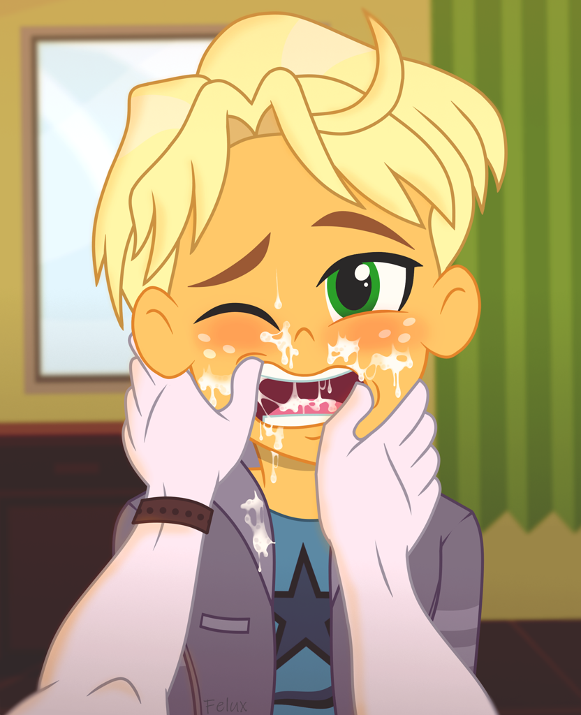 2252386 - explicit, artist:felux, dirk thistleweed, ragamuffin (g4), human,  equestria girls, g4, my little pony equestria girls: better together,  alternate clothes, blushing, clothes, cum, cum in mouth, facial, gay, hand,  hand on
