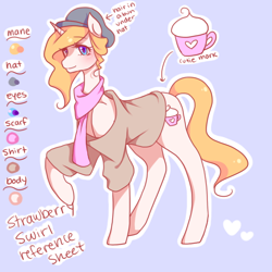 Size: 600x600 | Tagged: safe, artist:missmaeko, oc, oc only, oc:strawberry swirl, pony, unicorn, beret, clothes, female, hat, mare, reference sheet, solo, swirlycafe