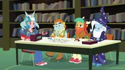 Size: 1280x720 | Tagged: safe, screencap, big macintosh, snails, snips, trixie, a queen of clubs, equestria girls, g4, my little pony equestria girls: better together, bookshelf, clothes, costume, fake beard, helmet, rpg, wizard