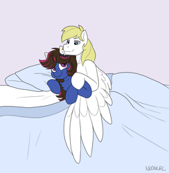 Size: 3758x3849 | Tagged: safe, artist:neoncel, oc, oc only, oc:sketch, oc:wholeheart, pegasus, pony, bed, high res, snuggling, wings