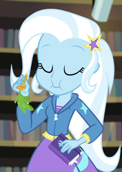 Size: 764x1080 | Tagged: safe, screencap, trixie, equestria girls, equestria girls specials, g4, my little pony equestria girls: better together, my little pony equestria girls: forgotten friendship, carrot, cropped, eating, eyes closed, female, food, solo