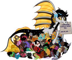 Size: 2435x2058 | Tagged: safe, artist:lightningbolt, derpibooru exclusive, oc, oc:lightning dee, earth pony, original species, pegasus, pony, seapony (g4), siren, snake, snake pony, unicorn, g4, .svg available, ^^, bow, cloven hooves, colored sclera, eyes closed, fangs, female, fins, fish tail, glowing, high res, hoard, looking at you, mouth hold, pile, plushie, pointy ponies, ponified, pony shaming, scales, show accurate, sign, simple background, sirenified, slit pupils, solo, species swap, svg, tilde, transparent background, vector, wings