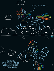 Size: 600x800 | Tagged: safe, artist:quint-t-w, rainbow dash, pegasus, pony, g4, clipboard, cloud, comic, dark background, dialogue, female, flying, old art, pun, solo