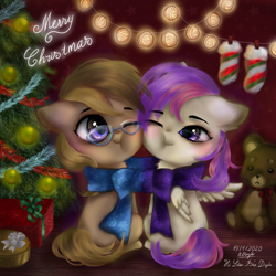 Size: 1200x1200 | Tagged: safe, artist:holambaoduyen, oc, oc only, oc:dawnsong, oc:evensong, earth pony, pegasus, pony, blushing, cheek squish, christmas, christmas tree, clothes, couple, glasses, holiday, merry christmas, one eye closed, ribbon, scarf, shared clothing, shared scarf, squishy cheeks, teddy bear, tree, wink, ych result