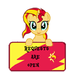 Size: 150x147 | Tagged: safe, artist:majkashinoda626, sunset shimmer, pony, unicorn, g4, female, happy, request info, requests are open, sign, solo