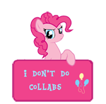 Size: 150x147 | Tagged: safe, artist:majkashinoda626, pinkie pie, pony, g4, angry, collab info, female, i don't do collabs, sign, solo