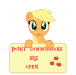 Size: 150x147 | Tagged: safe, artist:majkashinoda626, applejack, earth pony, pony, g4, color error, female, happy, hatless, missing accessory, point commission info, point commissions are open, sign, simple background, solo, transparent background