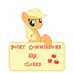 Size: 150x147 | Tagged: safe, artist:majkashinoda626, applejack, pony, g4, angry, color correction, female, hatless, missing accessory, point commission info, point commissions are closed, sign, simple background, solo, transparent background