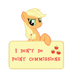 Size: 150x147 | Tagged: safe, artist:majkashinoda626, applejack, pony, g4, angry, female, hatless, i don't do point commissions, missing accessory, picture for breezies, sign, simple background, solo, transparent background