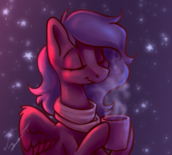 Size: 1000x900 | Tagged: safe, artist:гусь, oc, oc only, pegasus, pony, clothes, coffee, coffee mug, female, hoof hold, mare, mug, pleased, scarf, simple background, smiling, snow, solo, stars