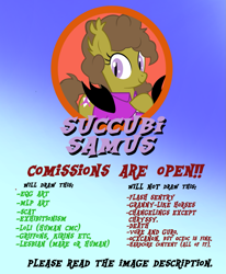 Size: 1325x1606 | Tagged: safe, artist:succubi samus, oc, oc:moon pearl, bat pony, pony, announcement, commission, commissions open, font, lists, show accurate, simple background