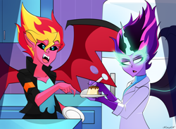 Size: 4448x3259 | Tagged: safe, artist:xan-gelx, sci-twi, sunset shimmer, twilight sparkle, demon, equestria girls, g4, clothes, coat, dress, fangs, female, fingerless gloves, food, gloves, jacket, kitchen, lab coat, leather jacket, midnight sparkle, midnightsatan, open mouth, plate, pudding, refrigerator, spoon, sunset satan