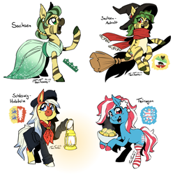 Size: 1417x1429 | Tagged: safe, artist:taritoons, oc, oc only, unnamed oc, earth pony, pony, zebra, broom, clothes, flying, flying broomstick, food, germany, hat, lantern, nation ponies, open mouth, ponified, saxony, saxony-anhalt, schleswig-holstein, simple background, singing, thuringia, white background, witch, witch hat
