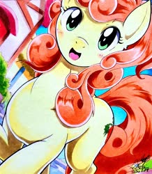 Size: 1788x2048 | Tagged: safe, artist:025aki, carrot top, golden harvest, earth pony, pony, g4, blushing, cute, female, looking at you, mare, smiling, solo, traditional art