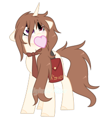 Size: 1724x1952 | Tagged: safe, artist:pink-soul27, oc, oc only, oc:gabriela ruby, pony, unicorn, bag, female, floppy ears, heart, mare, mouth hold, saddle bag, simple background, solo, transparent background
