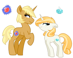 Size: 2500x2000 | Tagged: safe, artist:koloredkat, oc, oc only, oc:patchwork, oc:zircon, pony, unicorn, duo, female, high res, horn, magical lesbian spawn, male, mare, offspring, parent:applejack, parent:rarity, parent:trenderhoof, parents:rarijack, parents:trenderjack, raised hoof, reference sheet, simple background, stallion, story included, transparent background, unicorn oc