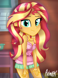 Size: 1536x2048 | Tagged: safe, artist:artmlpk, sunset shimmer, equestria girls, g4, adorkable, alternate design, bedroom, blushing, clothes, cute, dork, exposed shoulders, female, fluffy, hands on thighs, house, looking at you, pajamas, sexy, shimmerbetes, shorts, sleepover, smiling, smiling at you, smirk, solo, thighs, tomboy