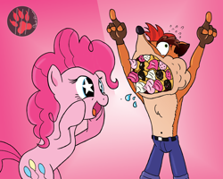 Size: 3000x2400 | Tagged: safe, artist:darkprinceismyname, pinkie pie, bandicoot, earth pony, pony, g4, crash bandicoot, crash bandicoot (series), cupcake, duo, female, food, full mouth, high res, male, mare, request, requested art