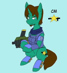 Size: 1894x2048 | Tagged: safe, artist:omegapony16, oc, oc only, oc:oriponi, pony, unicorn, armor, clothes, frown, gun, hoof hold, horn, male, simple background, soldier, solo, stallion, text, unicorn oc, vest, weapon
