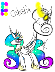 Size: 888x1150 | Tagged: safe, artist:didun850, princess celestia, alicorn, pony, g4, bags under eyes, bust, ethereal mane, eyeliner, female, glowing eyes, glowing horn, hoof shoes, horn, jewelry, makeup, mare, peytral, reference sheet, signature, simple background, starry mane, tiara, white background
