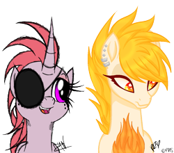 Size: 927x817 | Tagged: safe, artist:didun850, oc, oc:afterlight, oc:ember (callmesatan), earth pony, pony, unicorn, bust, collaboration, duo, ear piercing, earring, eyepatch, female, freckles, heart eyes, jewelry, mare, open mouth, piercing, simple background, smiling], transparent background, wingding eyes