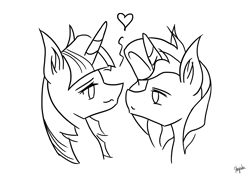 Size: 4961x3508 | Tagged: safe, artist:shyinka, sunset shimmer, twilight sparkle, pony, unicorn, equestria girls, g4, bust, cute, free to color, free to use, free to use lineart, heart, lidded eyes, lineart, looking at each other, looking into each others eyes, love, portrait, shimmerbetes, shipping, shipping fuel, simple background, transparent background