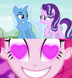 Size: 540x580 | Tagged: safe, edit, edited screencap, screencap, pinkie pie, starlight glimmer, trixie, coinky-dink world, eqg summertime shorts, equestria girls, g4, student counsel, female, heart eyes, lesbian, meme, pinkie's eyes, ship:startrix, shipping, wingding eyes