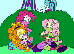 Size: 1248x920 | Tagged: safe, artist:bugssonicx, adagio dazzle, aria blaze, fluttershy, pinkie pie, sonata dusk, human, equestria girls, g4, alternate clothes, arm behind back, bondage, brightly colored ninjas, bush, chloroform, disguise, disguised siren, female, hand over mouth, kidnapped, kunoichi, mask, nervous, ninja, rope, sandals, the dazzlings, tied up