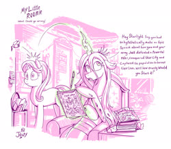 Size: 2032x1766 | Tagged: safe, artist:jowyb, queen chrysalis, starlight glimmer, changeling, changeling queen, pony, unicorn, series:my little roomie, g4, book, crystal hearts (snack), dialogue, drink, duo, female, food, magic, mare, monochrome, open mouth, roommates, simple background, telekinesis, thinking, white background, wide eyes