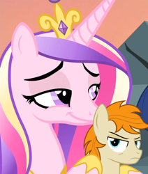 Size: 914x1080 | Tagged: safe, artist:devfield, edit, edited screencap, screencap, princess cadance, oc, oc:pizzamovies, alicorn, earth pony, pony, g4, three's a crowd, blue eyes, cadance's pizza delivery, cropped, crown, female, food, frown, jewelry, looking back, male, mare, meme, peetzer, pizza, regalia, smiling, smirk, smug, stallion, that pony sure does love pizza