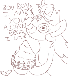 Size: 573x638 | Tagged: safe, artist:anonymous, lyra heartstrings, pony, unicorn, g4, 4chan, bust, cake, drawthread, female, food, implied bon bon, monochrome, offscreen character, solo, text, whipped cream