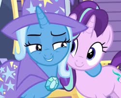 Size: 640x519 | Tagged: safe, screencap, starlight glimmer, trixie, g4, road to friendship, cropped, duo, hoof around neck