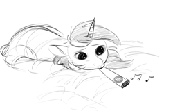 Size: 1640x1048 | Tagged: safe, artist:imsokyo, lyra heartstrings, pony, unicorn, g4, 4chan, bed, drawthread, female, kazoo, monochrome, music notes, musical instrument, ponified, ponified animal photo, sad, solo