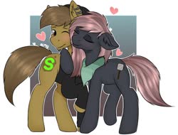 Size: 1200x913 | Tagged: safe, artist:almond evergrow, oc, oc only, oc:almond evergrow, oc:siren shadowstone, earth pony, pony, beanie, blushing, clothes, everstone, female, hat, heart, hoodie, hoof around neck, love, male, mare, oc x oc, shipping, sirond, stallion, straight