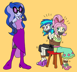 Size: 1156x1080 | Tagged: safe, artist:bugssonicx, dj pon-3, fluttershy, princess luna, vice principal luna, vinyl scratch, human, equestria girls, g4, accessory theft, alternate hairstyle, bondage, boots, bound and gagged, bound together, bow, clothes, dress, female, gag, help us, sandals, shoes, sitting, sunglasses, tape, tape gag, tied up, vinyl scratch is not amused