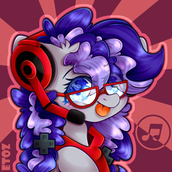 Size: 2500x2500 | Tagged: safe, artist:etoz, oc, oc only, oc:cinnabyte, earth pony, pony, :p, adorkable, bandana, cinnabetes, cute, dork, eye clipping through hair, female, gamer, gaming headset, glasses, headset, high res, icon, mare, meganekko, nerd, pigtails, solo, sunburst background, tongue out